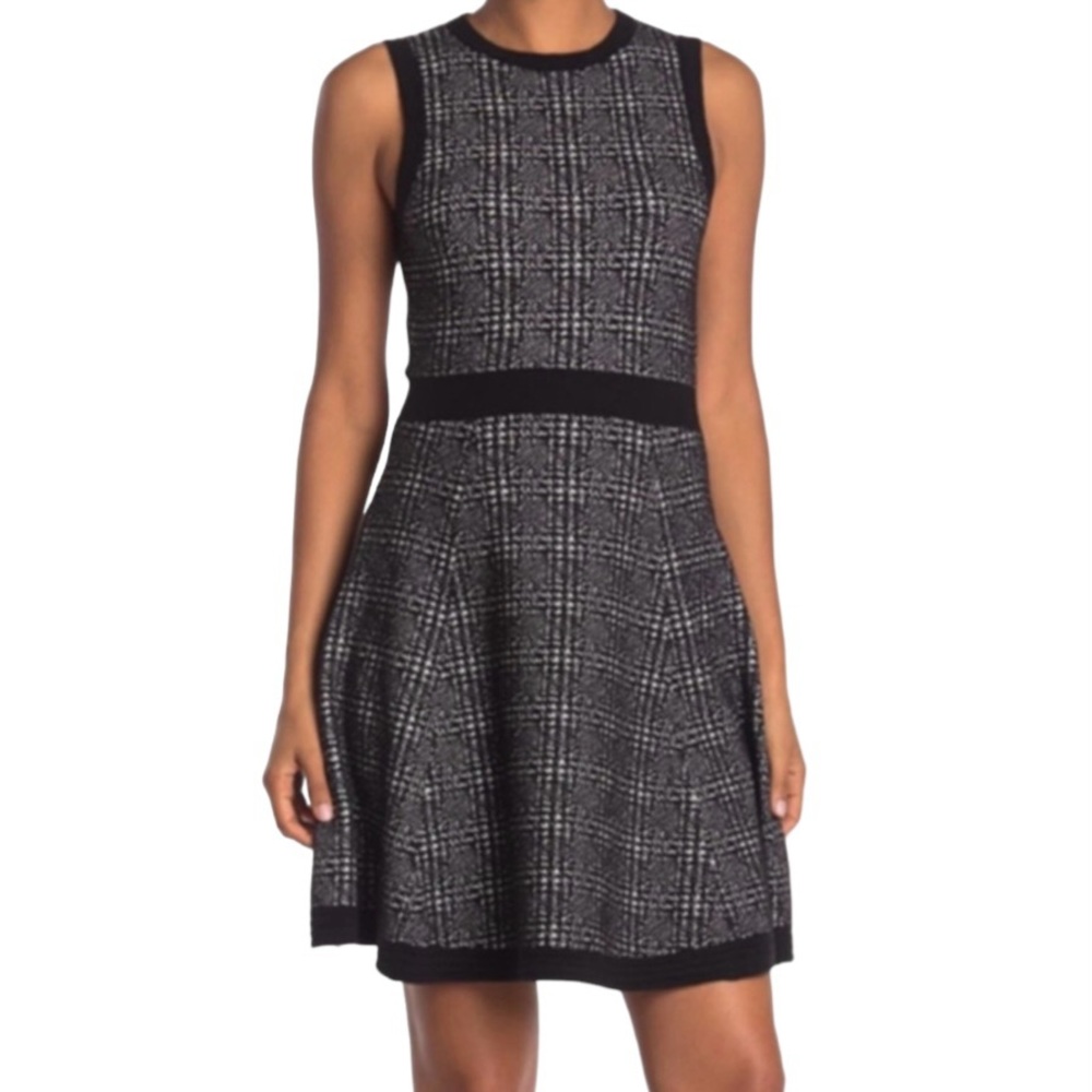 KATE SPADE New York Mod Plaid Sleeveless A-Line Sweater Knit Dress, Black, M